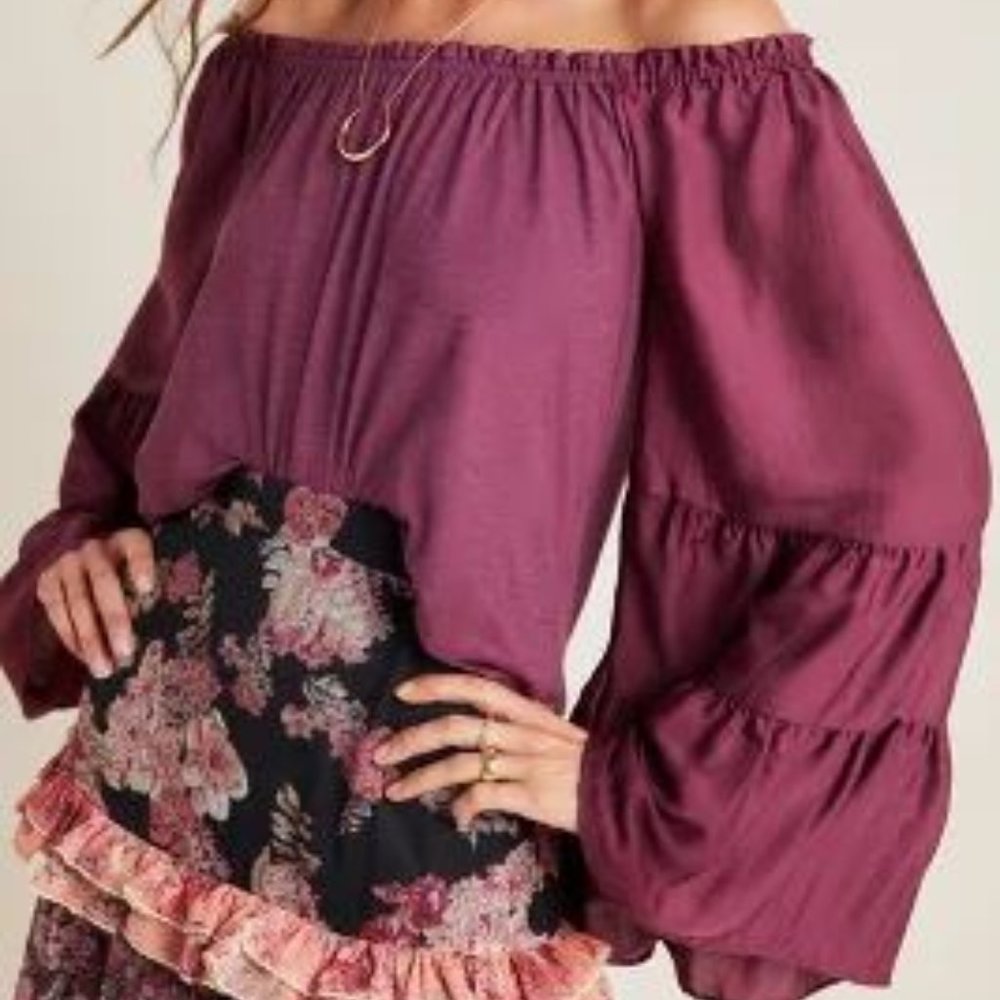 Anthropology Gloria Off-The-Shoulder Top Long Bell Sleeves Purple Size Medium M